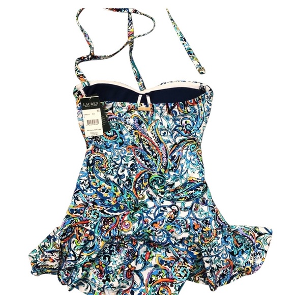 NWT LAUREN BY RALPH LAUREN BLUE MULTI ONE PIECE SWIM SKIRT/DRESS SIZE 6 - Picture 4 of 14